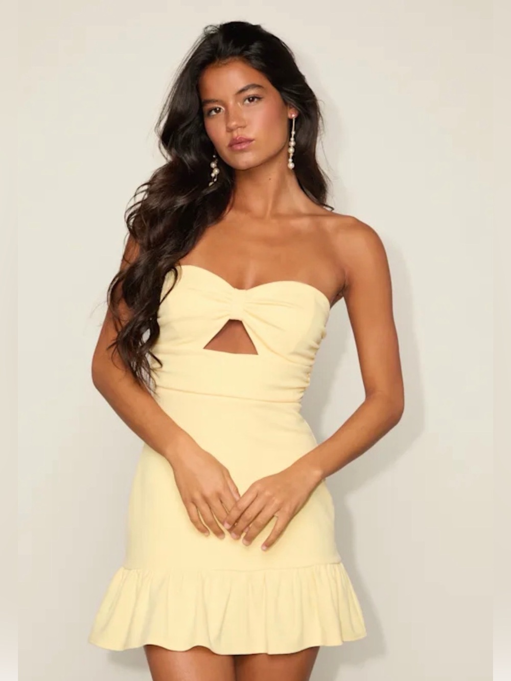 Lulu's Pale Yellow Strapless Mini Dress with Front Twist